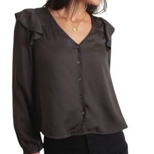 NWT Marine Layer Rory Black Tencel Ruffle Long Sleeve Blouse Size XL